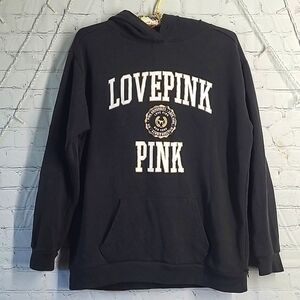 2020 Victoria's Secret PINK Logo Spellout Black & Gold Hoodie Sweatshirt Size S